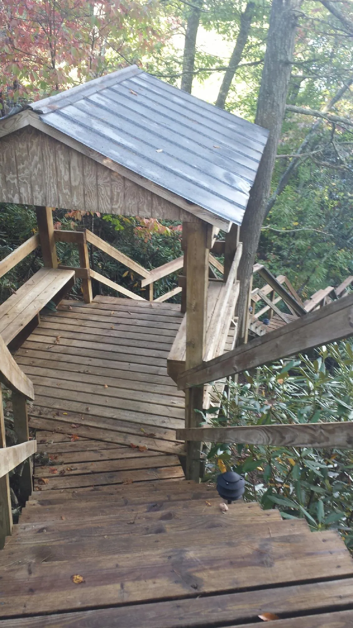 Metal roofed shelter over wooden steps on a wooded walkway — Skylight Repair & Installation work by our crew in Shalimar